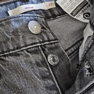 Grey Acid Wash High-Waist Jeans with Branded Buttons